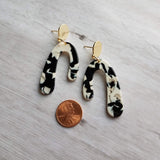Large Chunky Earrings, black white gold earring, u shape earring, 80s style jewelry, acrylic arch earring faux tortoise shell earring dangle - Constant Baubling