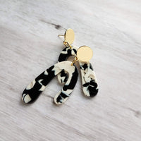 Large Chunky Earrings, black white gold earring, u shape earring, 80s style jewelry, acrylic arch earring faux tortoise shell earring dangle - Constant Baubling