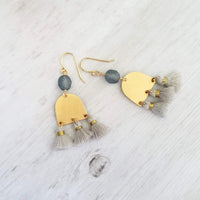Gold Tassel Earrings, boho earring, grey tassel, small gold dangle, tiny tassel, brass semicircle, smoky blue gray bead, faceted glass bead - Constant Baubling