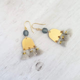 Gold Tassel Earrings, boho earring, grey tassel, small gold dangle, tiny tassel, brass semicircle, smoky blue gray bead, faceted glass bead - Constant Baubling