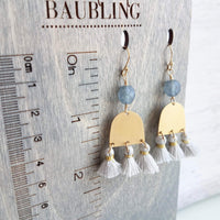 Gold Tassel Earrings, boho earring, grey tassel, small gold dangle, tiny tassel, brass semicircle, smoky blue gray bead, faceted glass bead - Constant Baubling