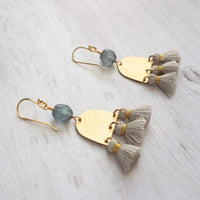 Gold Tassel Earrings, boho earring, grey tassel, small gold dangle, tiny tassel, brass semicircle, smoky blue gray bead, faceted glass bead - Constant Baubling