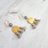 Gold Tassel Earrings, boho earring, grey tassel, small gold dangle, tiny tassel, brass semicircle, smoky blue gray bead, faceted glass bead - Constant Baubling