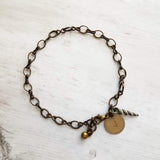 Beach Bracelet, antique brass bracelet, bronze bracelet, seashell bracelet, initial bracelet, shell charm bracelet, letter bracelet, spiral - Constant Baubling
