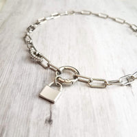 Chunky Paperclip Chain Necklace, silver paperclip necklace, large oval chain, thick crystal link, round front clasp necklace, padlock charm - Constant Baubling