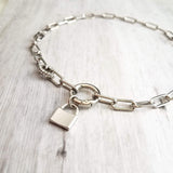 Chunky Paperclip Chain Necklace, silver paperclip necklace, large oval chain, thick crystal link, round front clasp necklace, padlock charm - Constant Baubling