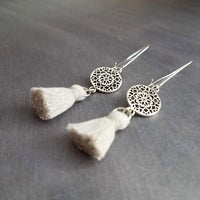 Silver Boho Earrings, tassel earrings, silver medallion earrings, floral mandala earrings, long silver dangle, kidney hook, filigree earring - Constant Baubling