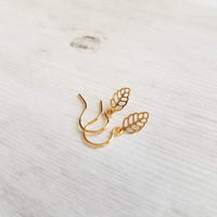 Tiny Gold Earrings - little leaves with filigree cut out design/scallop edge, 14K solid gold or gold fill upgrade hooks, small leaf charm - Constant Baubling
