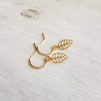 Tiny Gold Earrings - little leaves with filigree cut out design/scallop edge, 14K solid gold or gold fill upgrade hooks, small leaf charm - Constant Baubling