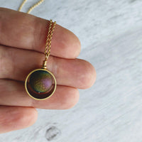 Druzy Eclipse Necklace, rainbow stone necklace, orb necklace, druzy necklace, cracked stone, drusy necklace, druzy pendant, purple gold blue - Constant Baubling