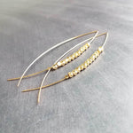 Gold Marquis Hoops - long fish shaped crossover wire, pointed oval shape, tiny gold nugget faceted beads, sleek earrings, 3 inch earring - Constant Baubling