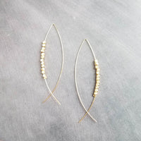 Gold Marquis Hoops - long fish shaped crossover wire, pointed oval shape, tiny gold nugget faceted beads, sleek earrings, 3 inch earring - Constant Baubling