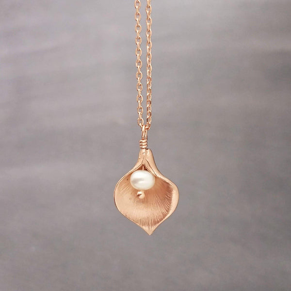 Rose Gold Lily Necklace, small lily necklace, rose gold chain, freshwater pearl necklace, rose gold flower pendant bridal jewelry calla lily - Constant Baubling
