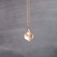 Rose Gold Lily Necklace, small lily necklace, rose gold chain, freshwater pearl necklace, rose gold flower pendant bridal jewelry calla lily - Constant Baubling