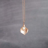 Rose Gold Lily Necklace, small lily necklace, rose gold chain, freshwater pearl necklace, rose gold flower pendant bridal jewelry calla lily - Constant Baubling