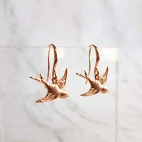 Small Bird Earrings, rose gold birds, little bird dangles, flying birdies, rose gold hooks, dainty bird earring, soaring bird earring, wings - Constant Baubling