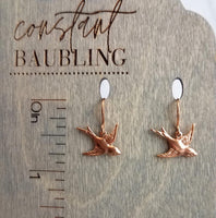 Small Bird Earrings, rose gold birds, little bird dangles, flying birdies, rose gold hooks, dainty bird earring, soaring bird earring, wings - Constant Baubling