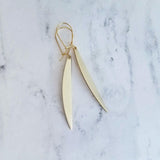 Gold Sliver Earrings - long thin modern crescent moon sliver on kidney latch ear wire hook, 2.4 inch narrow line earring, flat curved bar - Constant Baubling
