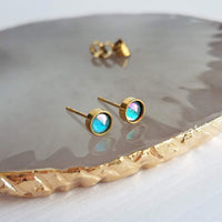 Orange Stud Earrings - tiny little round AB opalescent rhinestone gem, gold plated hypoallergenic stainless steel, girls, minimalist jewelry - Constant Baubling