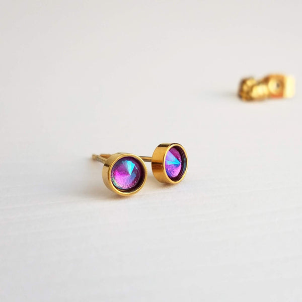 Gold Stud Earrings, tiny studs, small round earring, fuchsia pink purple stud, gold stainless steel, hypoallergenic stainless steel, girls - Constant Baubling