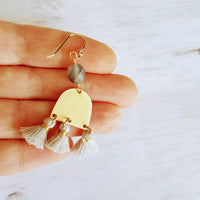 Gold Tassel Earrings, boho earring, grey tassel, small gold dangle, tiny tassel, brass semicircle, smoky blue gray bead, faceted glass bead - Constant Baubling