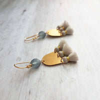 Gold Tassel Earrings, boho earring, grey tassel, small gold dangle, tiny tassel, brass semicircle, smoky blue gray bead, faceted glass bead - Constant Baubling