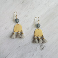 Gold Tassel Earrings, boho earring, grey tassel, small gold dangle, tiny tassel, brass semicircle, smoky blue gray bead, faceted glass bead - Constant Baubling