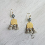 Gold Tassel Earrings, boho earring, grey tassel, small gold dangle, tiny tassel, brass semicircle, smoky blue gray bead, faceted glass bead - Constant Baubling