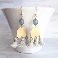 Gold Tassel Earrings, boho earring, grey tassel, small gold dangle, tiny tassel, brass semicircle, smoky blue gray bead, faceted glass bead - Constant Baubling
