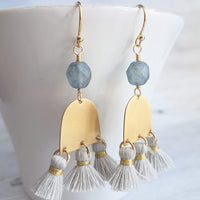 Gold Tassel Earrings, boho earring, grey tassel, small gold dangle, tiny tassel, brass semicircle, smoky blue gray bead, faceted glass bead - Constant Baubling