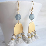 Gold Tassel Earrings, boho earring, grey tassel, small gold dangle, tiny tassel, brass semicircle, smoky blue gray bead, faceted glass bead - Constant Baubling