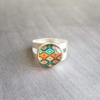 Aztec Print Silver Ring - adjustable wide double band, round glass stone, orange turquoise teal aqua blue diamond pattern, size 5 6 7 8 9 - Constant Baubling