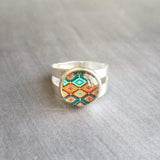 Aztec Print Silver Ring - adjustable wide double band, round glass stone, orange turquoise teal aqua blue diamond pattern, size 5 6 7 8 9 - Constant Baubling