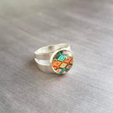 Aztec Print Silver Ring - adjustable wide double band, round glass stone, orange turquoise teal aqua blue diamond pattern, size 5 6 7 8 9 - Constant Baubling