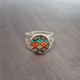 Aztec Print Silver Ring - adjustable wide double band, round glass stone, orange turquoise teal aqua blue diamond pattern, size 5 6 7 8 9 - Constant Baubling