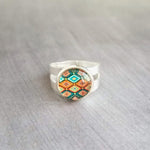 Aztec Print Silver Ring - adjustable wide double band, round glass stone, orange turquoise teal aqua blue diamond pattern, size 5 6 7 8 9 - Constant Baubling