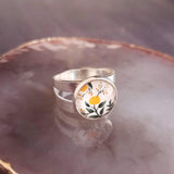 Flower Ring, wide silver band ring, double band ring, adjustable silver ring, round glass stone ring, yellow floral ring, 5 6 7 8 9 large - Constant Baubling
