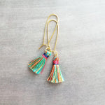 Colorful Tassel Earrings, long tassel earring, multicolor tassel, rainbow tassel earring, kidney wire earring, gold tassel earring, latching - Constant Baubling