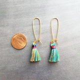 Colorful Tassel Earrings, long tassel earring, multicolor tassel, rainbow tassel earring, kidney wire earring, gold tassel earring, latching - Constant Baubling