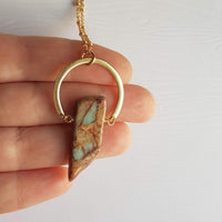 Blue Stone Necklace - 14K gold plate chain beaded/satellite - aqua terra jasper semi precious gemstone slab chunk rough cut nugget tan - Constant Baubling