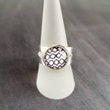 Ikat Pattern Ring, wide silver ring, ikat ring, adjustable silver ring, double band ring, dark navy black white crossed diamond weave fabric - Constant Baubling