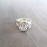 Ikat Pattern Ring, wide silver ring, ikat ring, adjustable silver ring, double band ring, dark navy black white crossed diamond weave fabric - Constant Baubling