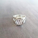 Ikat Pattern Ring, wide silver ring, ikat ring, adjustable silver ring, double band ring, dark navy black white crossed diamond weave fabric - Constant Baubling