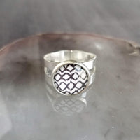 Ikat Pattern Ring, wide silver ring, ikat ring, adjustable silver ring, double band ring, dark navy black white crossed diamond weave fabric - Constant Baubling