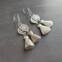 Silver Boho Earrings, tassel earrings, silver medallion earrings, floral mandala earrings, long silver dangle, kidney hook, filigree earring - Constant Baubling