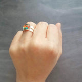 Aztec Print Silver Ring - adjustable wide double band, round glass stone, orange turquoise teal aqua blue diamond pattern, size 5 6 7 8 9 - Constant Baubling