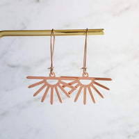 Sun Ray Earrings, rose gold sun earrings, sunray earring, sunset earring, sunrise earring, rose gold earring kidney wires, cheerful sunburst - Constant Baubling