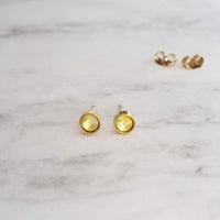 Peridot Green Stud Earrings - tiny round opalescent chartreuse rhinestone gem, gold plated hypoallergenic stainless steel minimalist jewelry - Constant Baubling