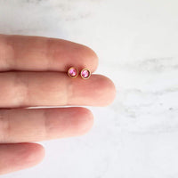 Rose Pink Stud Earrings, little gold stud, light pink stud, opalescent pink, small round rhinestone gem, tiny hypoallergenic stainless steel - Constant Baubling