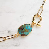 Copper Turquoise Necklace on gold paperclip style chain, front horseshoe shackle screw clasp, facet cut stone pendant, gold brown blue green - Constant Baubling